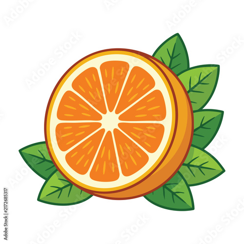 Illustrated Orange Slice with Leaves Isolated