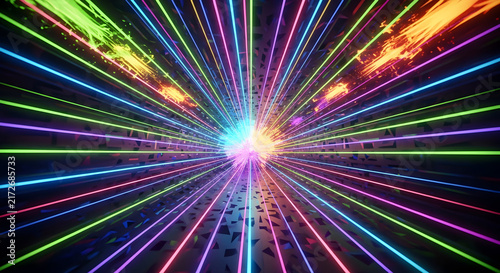 Vibrant Explosion of Colorful Neon Lights Radiating Outward in an Abstract Digital Space