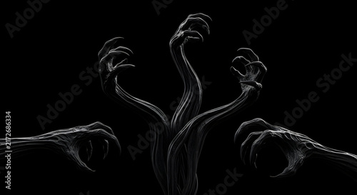 Surreal Composition of Twisted Hands Emerging from Darkness Evoking a Sense of Fear and Mystery in an Abstract and Chaotic Atmosphere