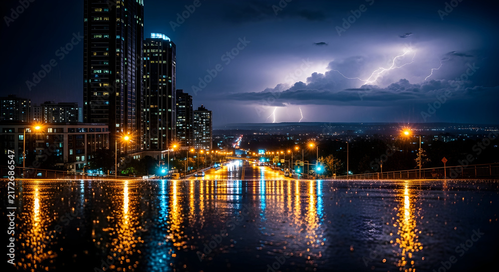 Fototapeta premium Dramatic Night View of a City Illuminated by Lightning and Reflections on Wet Pavement During a Storm