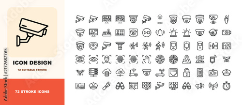 Security and surveillance monitoring camera line art icons set for safety management.