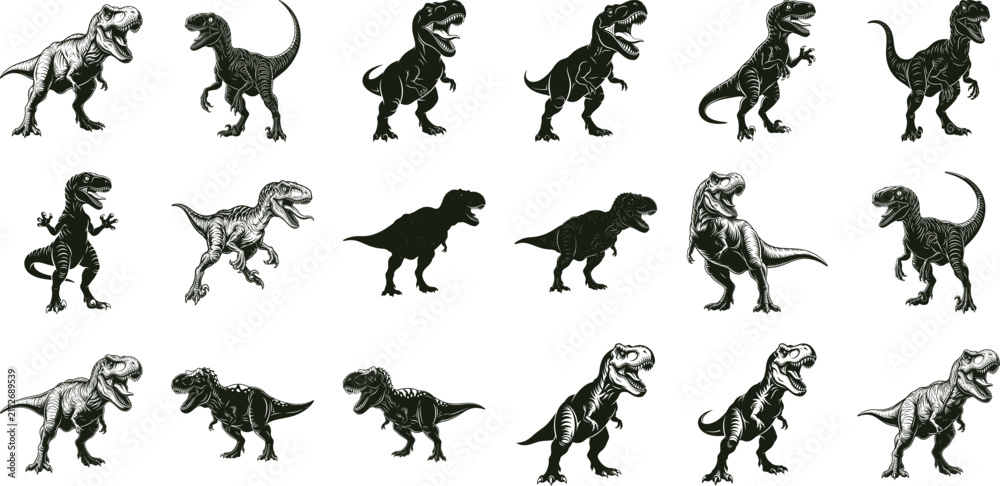 Fototapeta premium Detailed set of prehistoric dinosaur silhouettes featuring various standing and roaring poses for educational designs