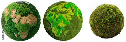 Konstfotografi Three globes covered in moss, one resembling Earth with continents, isolated on