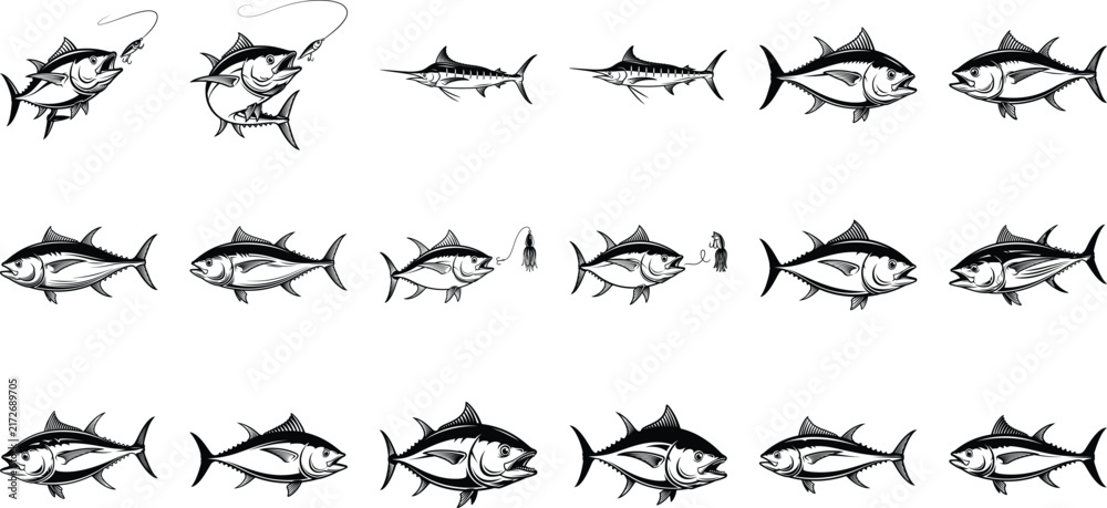 Fototapeta premium Set of black and white tuna fish icons captured in various swimming and hunting poses