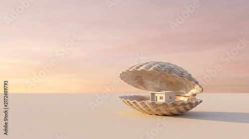 Background Tiny Minimal House Inside Giant Seashell Surreal 