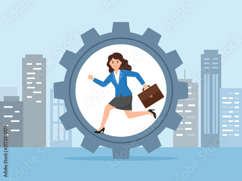 Bild auf Leinwand Businesswoman running inside gear representing corporate rat race