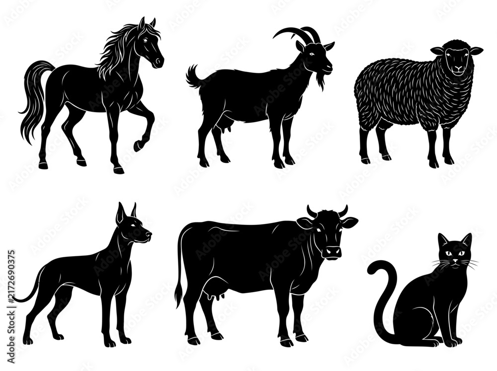 Fototapeta premium Set of black domestic and farm animal silhouettes including horse, cow, sheep, goat, dog, and cat