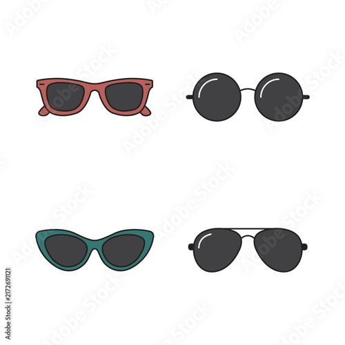 Foto A collection of four different styles of sunglasses, including wayfarer, round, cat-eye, and aviator designs, isolated on a white background
