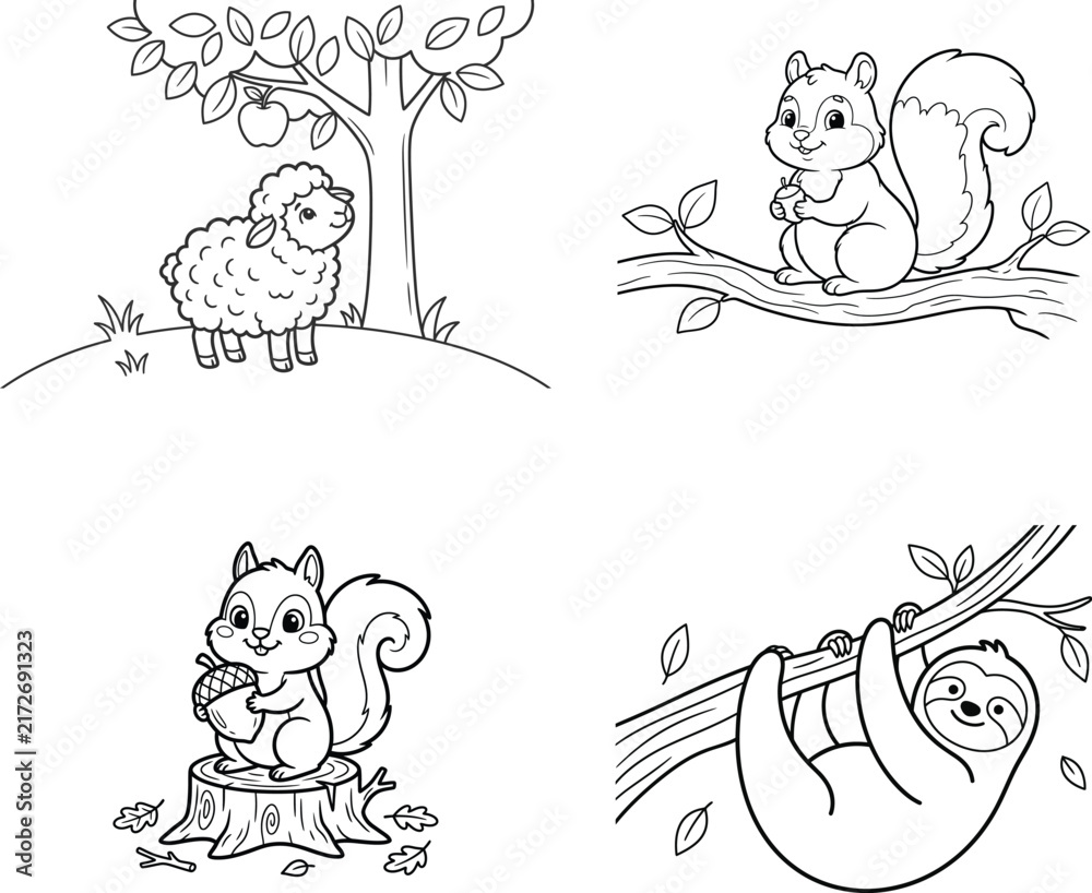 Naklejka premium Set of cute hand drawn animal illustrations featuring a sheep a squirrel and a sloth for coloring book pages and creative projects