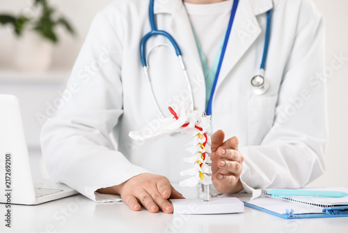 Fotografía Female doctor with spine model at table in clinic, closeup