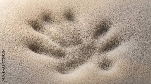 Close-up of a human handprint indentation pressed into a beige memory foam surface, showing porous texture and soft shadows within the compressed