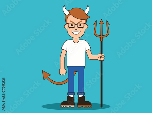 Foto Nerdy Devil Cartoon Character with Pitchfork and Horns