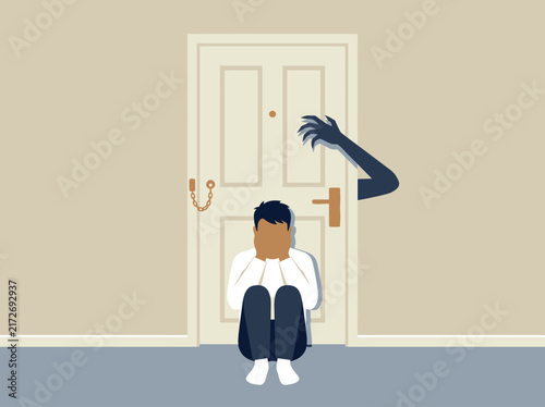 Картината върху платно Conceptual Illustration of Fear and Anxiety with Man Hiding from a Shadowy Monst