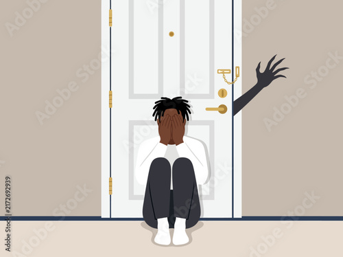 Cuadro en lienzo Mental health illustration of a man hiding from an internal shadow monster behin