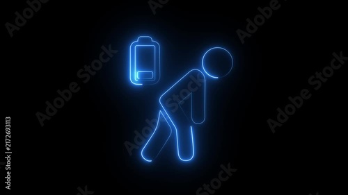 Neon sign low battery symbol animation isolated exhaustion, battery, depleted charge fatigue low burnout bolt, stress..