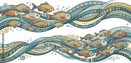 Fish Swimming Through Wave Bands, Stylized Illustration with Decorative Patterns