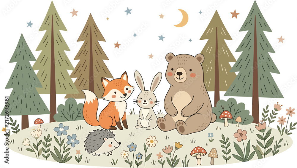 Naklejka premium Forest Animals Sitting Under Trees, Whimsical Illustration, Cute Woodland Creatures, Nature Scene, Children's Design.