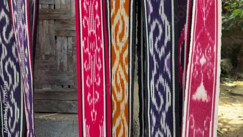 Close-Up of Colorful Traditional Woven Fabric Patterns

