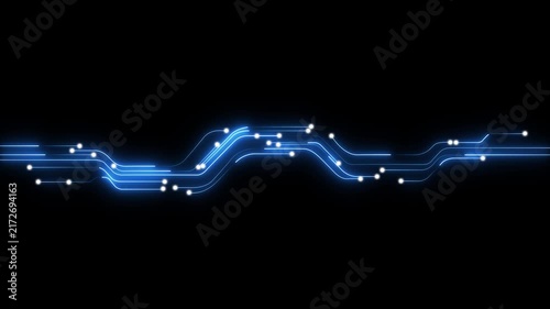 Glowing digital circuit line with blue accents on black background signal transmission datum, flow, network connection light futuristic technology design line art, minimal backdrop..