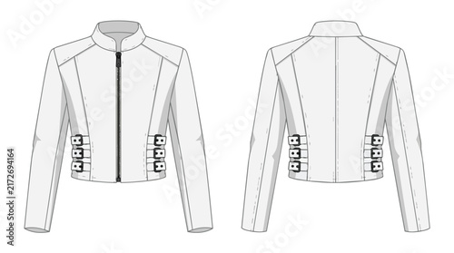 White Biker Jacket Technical Sketch with Zip Front and Side Buckle Details for Apparel Design Pack
