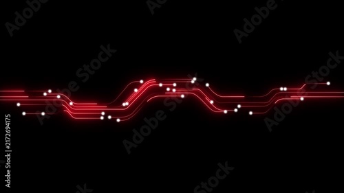 Glowing digital circuit line with red accents on black background signal transmission datum, flow, network connection light futuristic technology design line art, minimal backdrop..