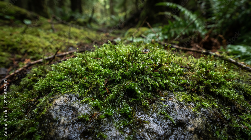Fototapeta premium Moss Growing on Wet Stone in Forest