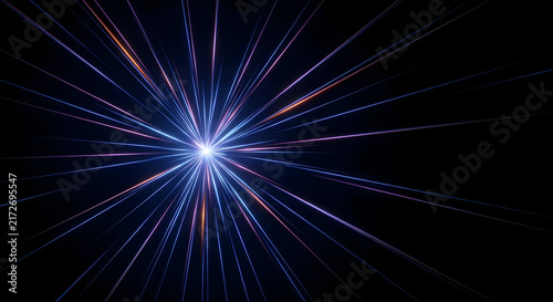 Dynamic Explosion of Bright Lights Radiating from a Central Point Creating an Abstract Cosmic Effect in Deep Space with Colors of Blue and Purple