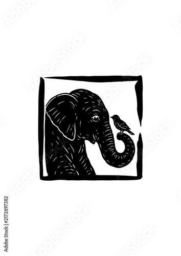 Elephant and Bird Silhouette in Hand-Drawn Frame, Black Ink Woodcut Style Illustration