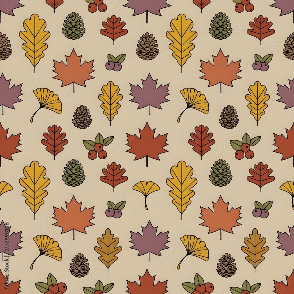Seamless pattern with autumn leaves and pinecones on a beige background.