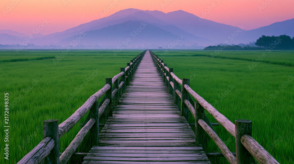 Obraz premium Wooden walkway perspective leading toward mountains in lush green grass field during pink twilight.