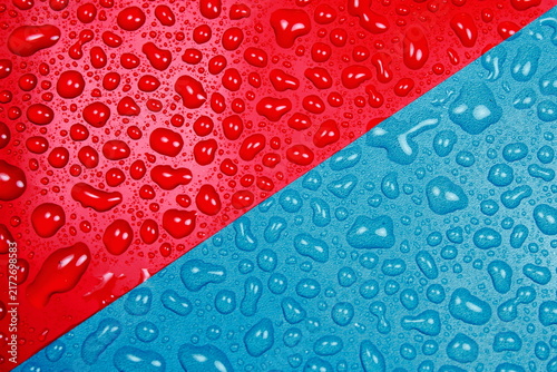 Red And Blue Dual Tone Surface With Water Drops Condensation Texture Full Frame Background