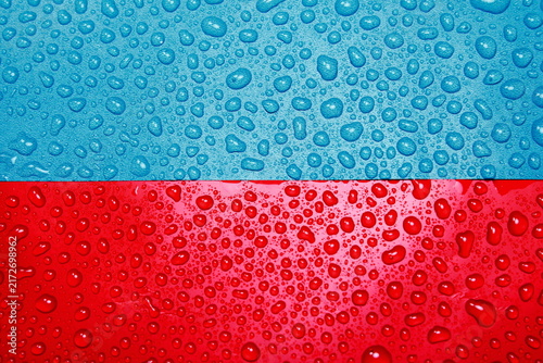 Red And Blue Dual Tone Surface With Water Drops Condensation Texture Full Frame Background