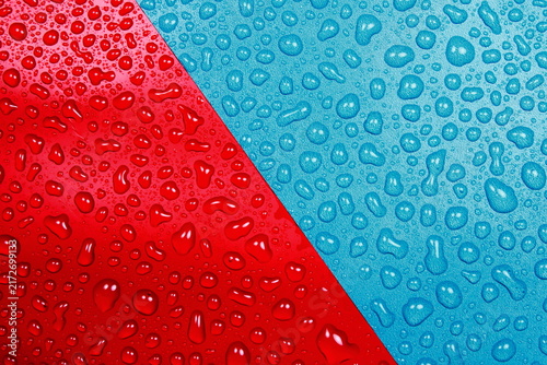 Red And Blue Dual Tone Surface With Water Drops Condensation Texture Full Frame Background