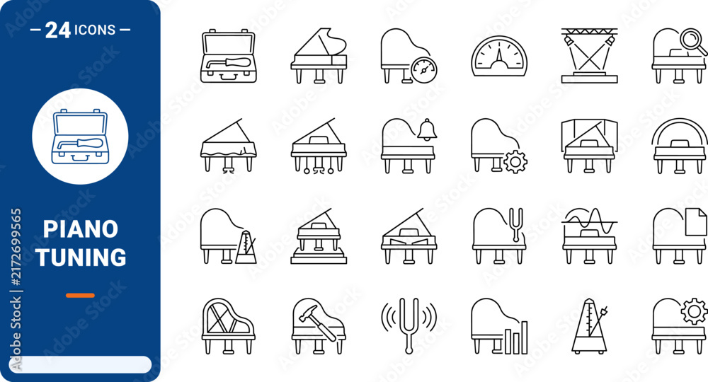 Naklejka premium Piano Concert Tuning Web Icon Set in Linear Style. Collection of Piano Service line icons, including acoustic calibration, pitch adjustment, stage preparation, soundboard service.