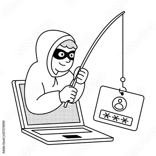 Fotografie Linear illustration of a hooded attacker fishing for a credential card from a laptop, representing a phishing attack and attempted account theft