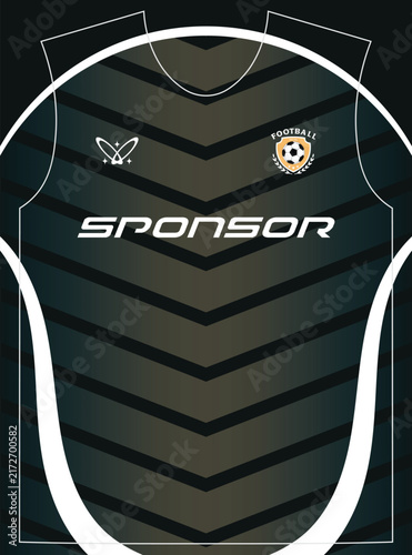 Modern dark soccer jersey template with chevron pattern and sponsor space