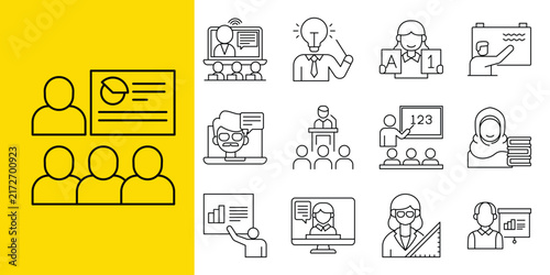 Educational Lecture and Professional Training Presentation Line Icon Set for Virtual Learning and Corporate Workshops