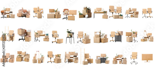 Konstfotografi Office relocation and business move concept, cardboard boxes and furniture for m
