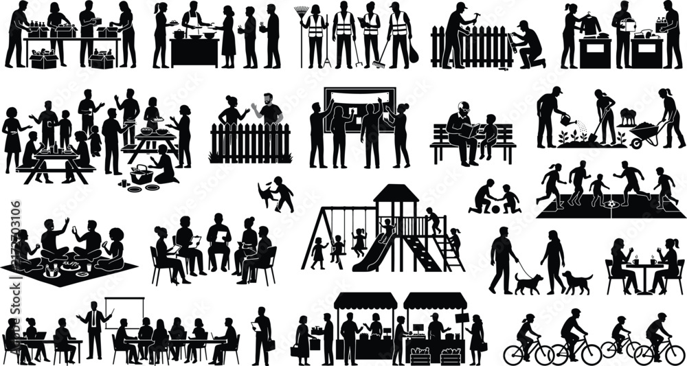Fototapeta premium Community people silhouettes set including neighbors volunteering gardening outdoor dining group meeting playground activities and family neighborhood concepts