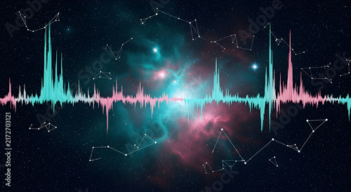 Colorful Sound Wave Visualization Against A Deep Space Background Showcasing Vibrant Colors and Cosmic Elements