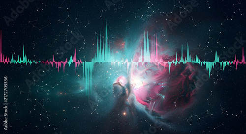 Vibrant Cosmic Nebula with Abstract Audio Waveform Visualization Representing the Harmony of Sound and Space in a Colorful Universe