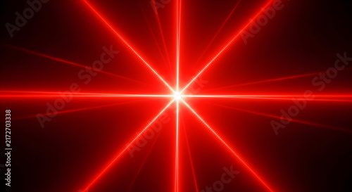 Dramatic Red Laser Beams Radiating from a Central Point Creating an Energetic Abstract Background in a Dark Environment