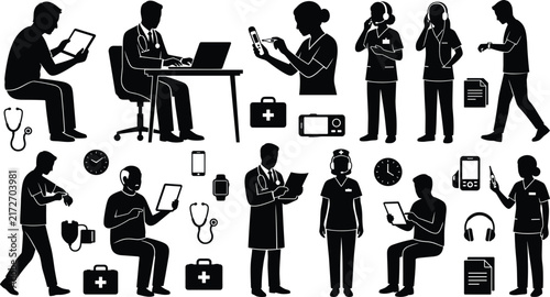 Medical call center telehealth service and digital online healthcare doctor consultation black silhouette icon set