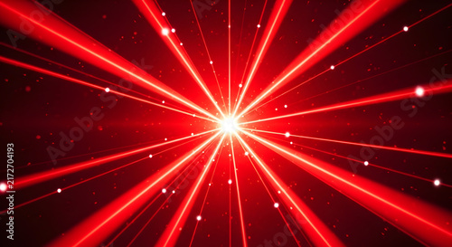 Red Laser Light Burst with Radiant Energy and Dynamic Visual Effects in an Abstract Background Displaying Vibrant Patterns