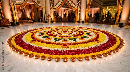 Beautiful floral rangoli design with diyas on a marble floor in a decorated hall for diwali or indian wedding celebration
