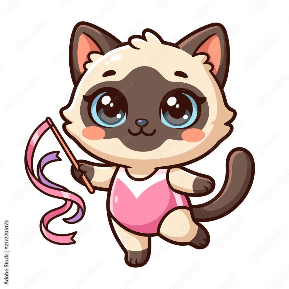 Fototapeta premium Siamese Cat Cartoon Doing Rhythmic Gymnastics with Ribbon for Products