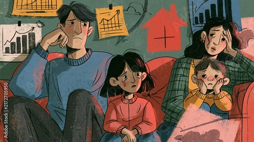 Family stressed with financial worries and housing market downturn during economic recession