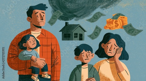 Worried family with children facing financial hardship during stormy economic downturn concept