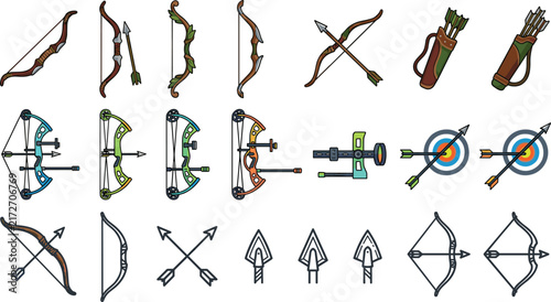 Foto Archery Equipment and Bow Icon Set with Traditional Bows, Compound Bows, Arrows,