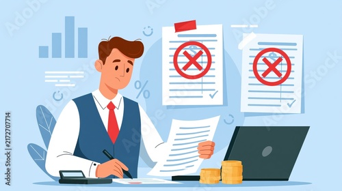 Accountant reviewing financial documents with rejected marks during office work
